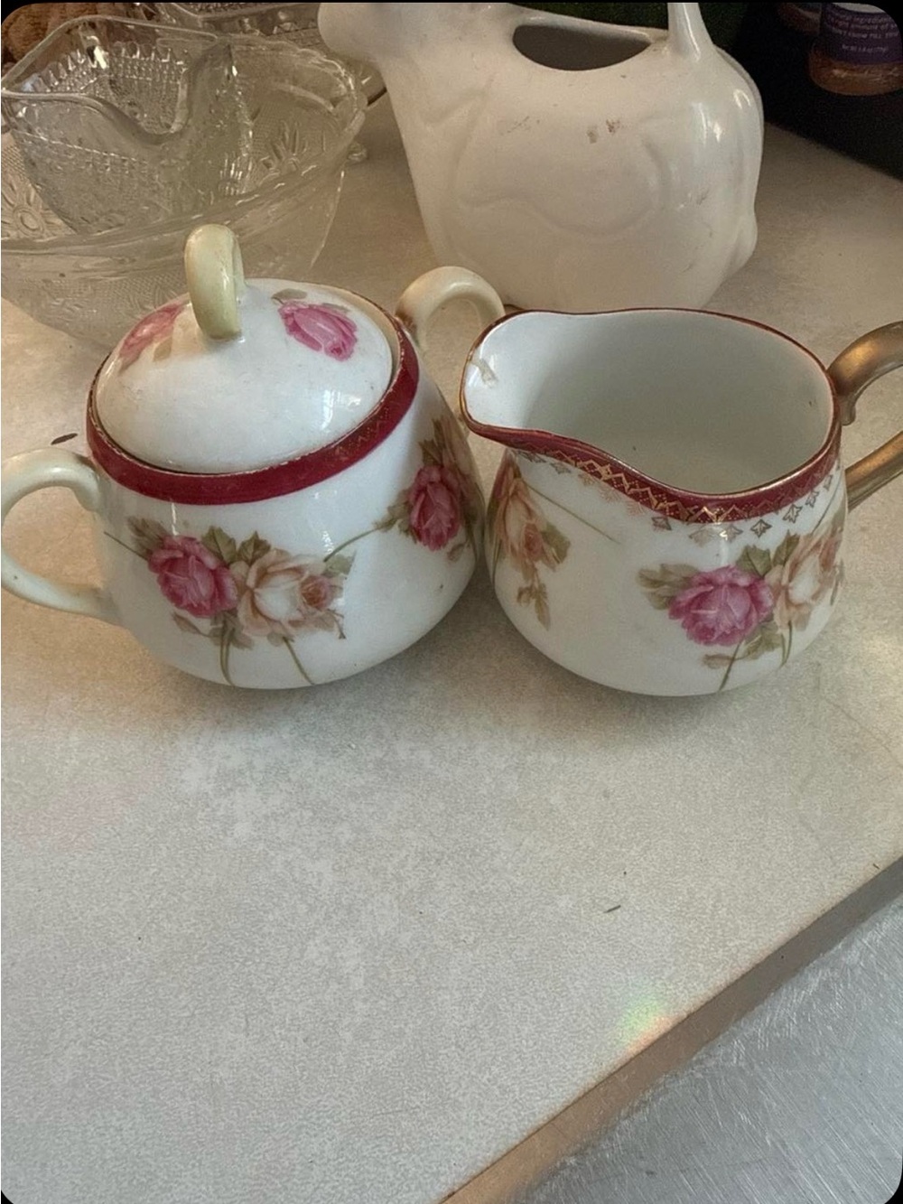 Porcelain Creamer and Sugar Set with Pink Rose Motif